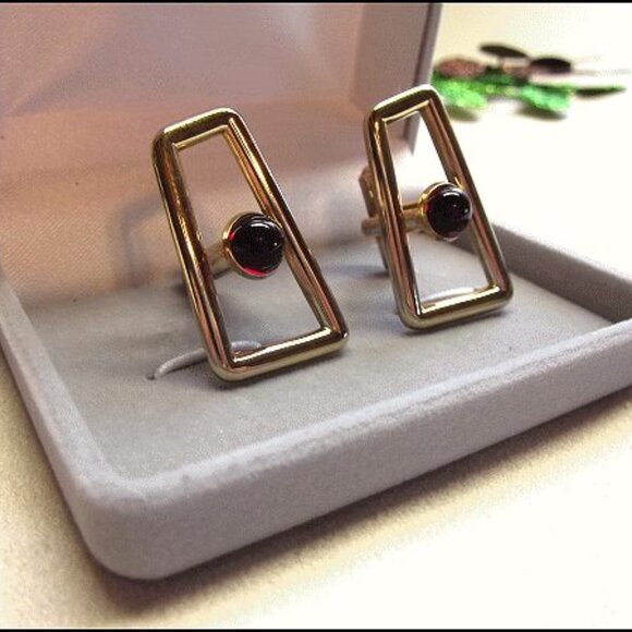 1950s Speidel Signed Red Glass Gold Geometric Vintage Cufflinks 14732 - Picture 3 of 6